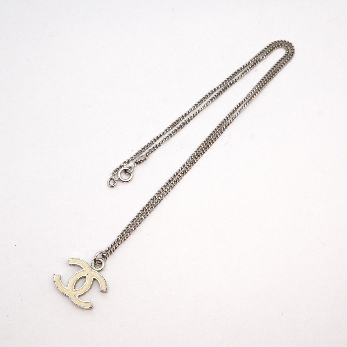 Chanel Necklace CC Logo Metal Silver White — view 3