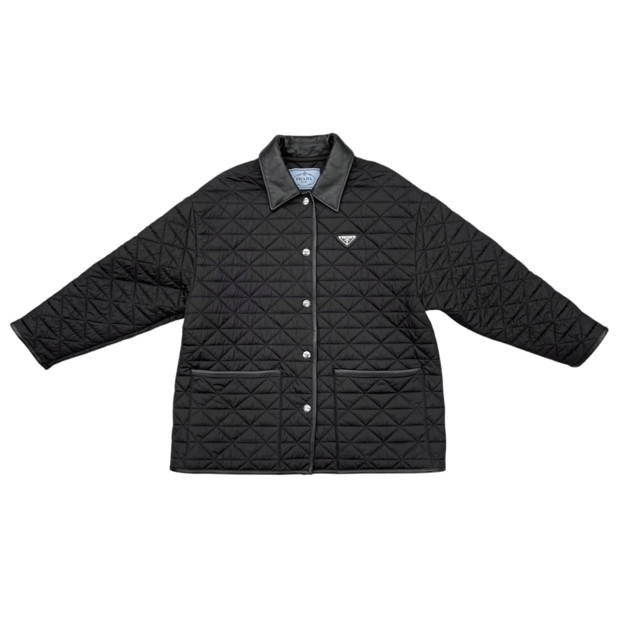 Prada Jacket Quilted 36 Re-Nylon Lambskin Triangle Logo Black Silver