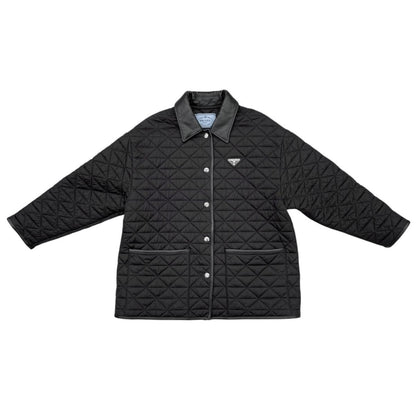 Prada Jacket Quilted 36 Re-Nylon Lambskin Triangle Logo Black Silver