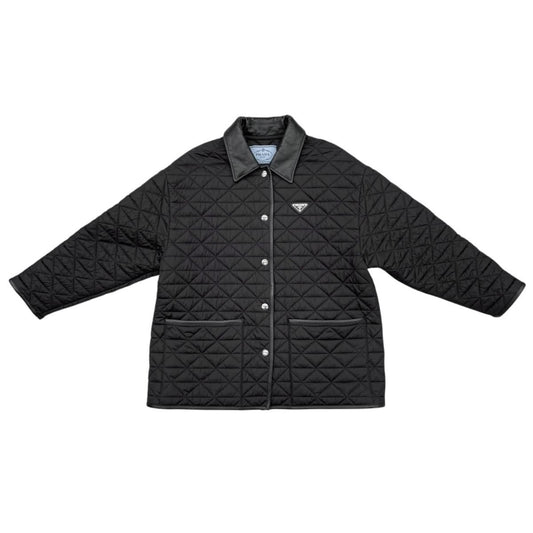 Prada Jacket Quilted 36 Re-Nylon Lambskin Triangle Logo Black Silver