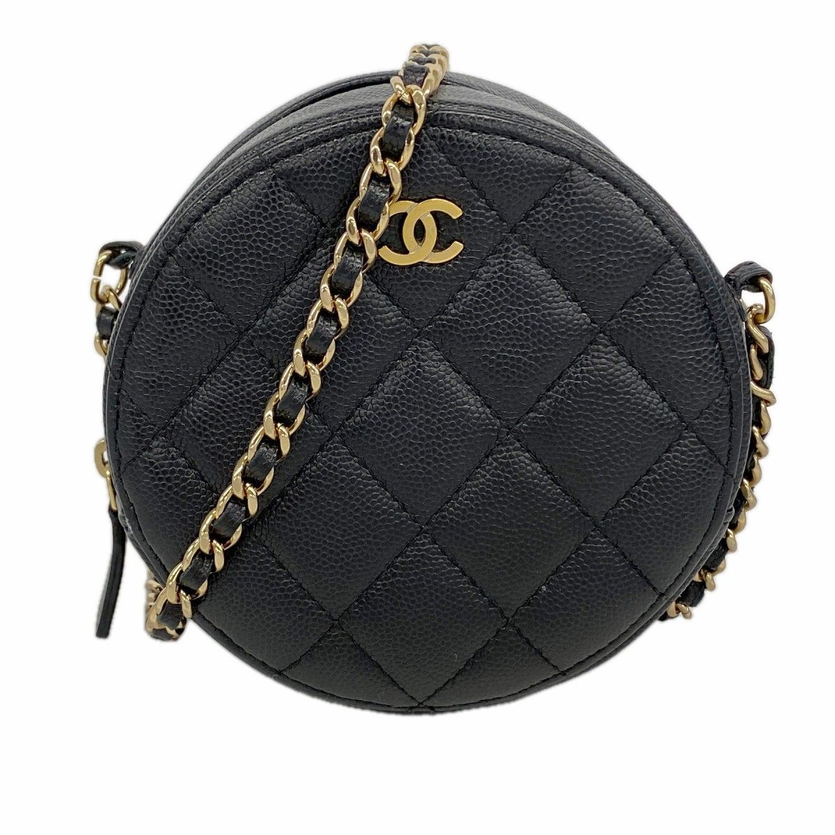 Chanel Shoulder Bag Quilted Caviar Leather Black Gold