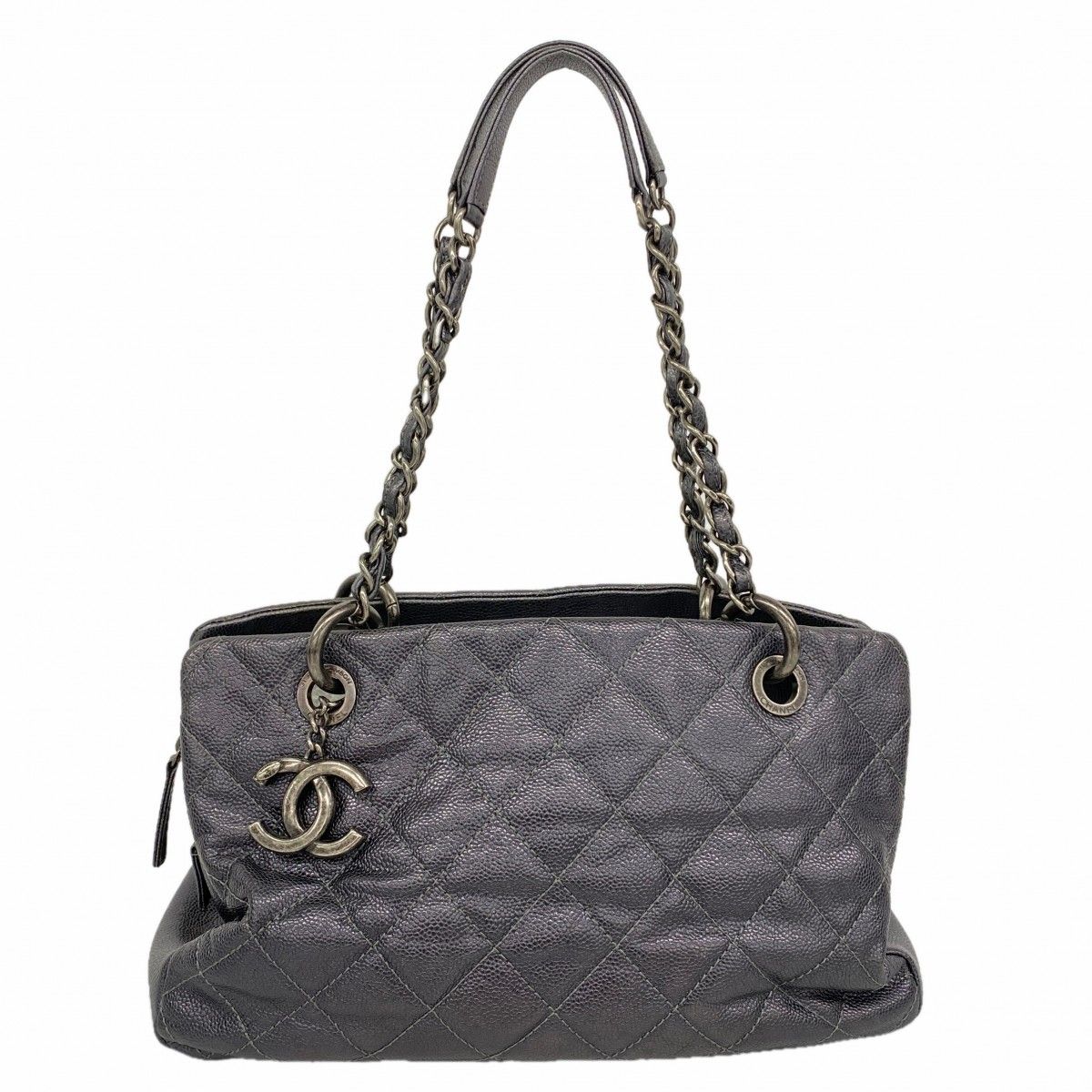 Chanel Chain Tote Quilted Caviar Leather Dark Gray Silver