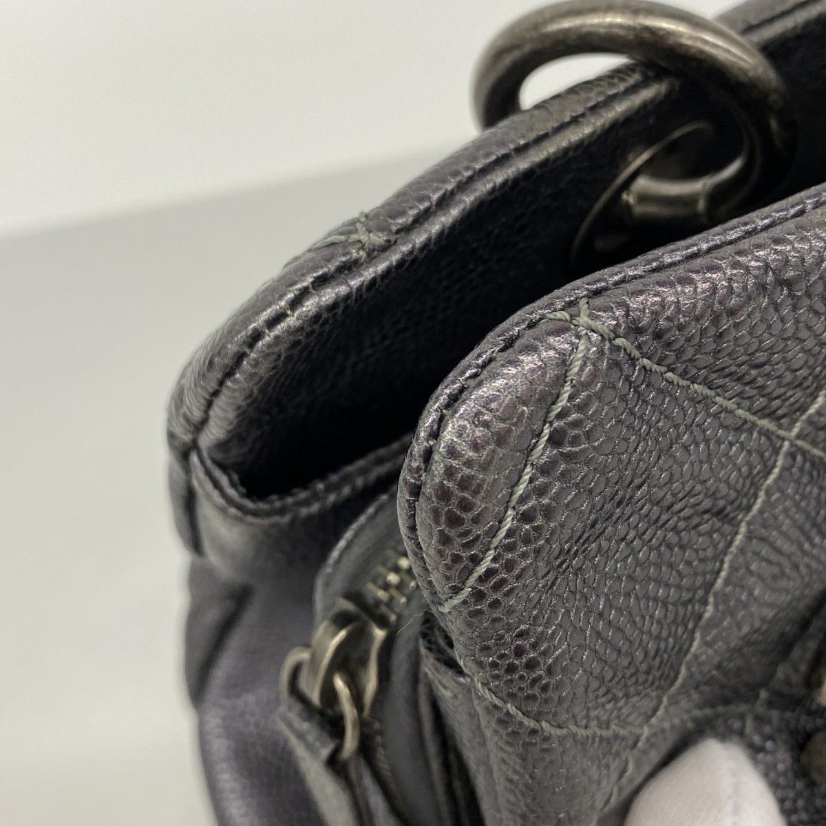 Chanel Chain Tote Quilted Caviar Leather Dark Gray Silver — view 6