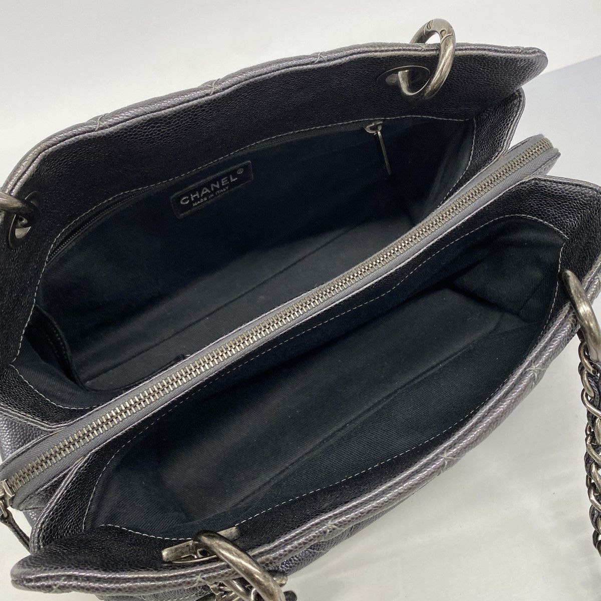 Chanel Chain Tote Quilted Caviar Leather Dark Gray Silver — view 4