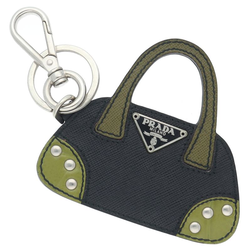 Prada Bag Motif Key Holder Leather Black Green