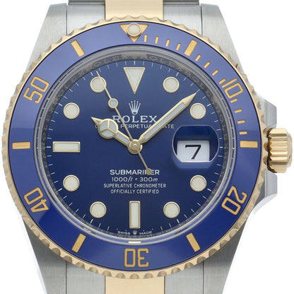 Rolex Submariner Date Watch Blue 18k Yellow Gold SS Polished