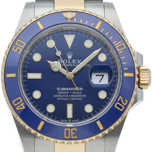 Rolex Submariner Date Watch Blue 18k Yellow Gold SS Polished