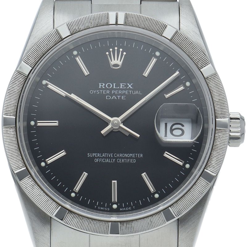 Rolex Oyster Perpetual Date Box SS Watch Black Polished