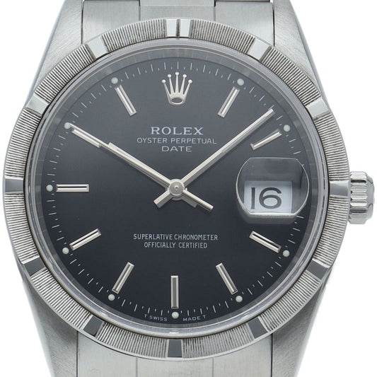 Rolex Oyster Perpetual Date Box SS Watch Black Polished