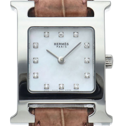 Hermes Watch Diamond Shell Box SS Leather White Polished