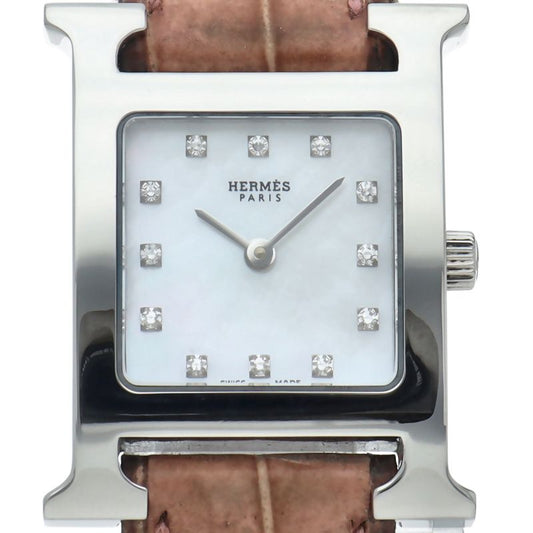Hermes Watch Diamond Shell Box SS Leather White Polished