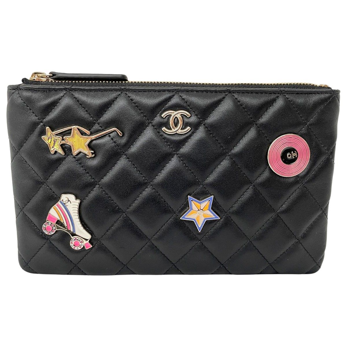 Chanel Quilted CC Logo Flat Pouch Lambskin Black