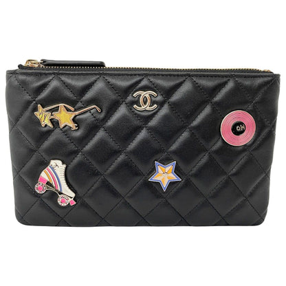Chanel Quilted CC Logo Flat Pouch Lambskin Black