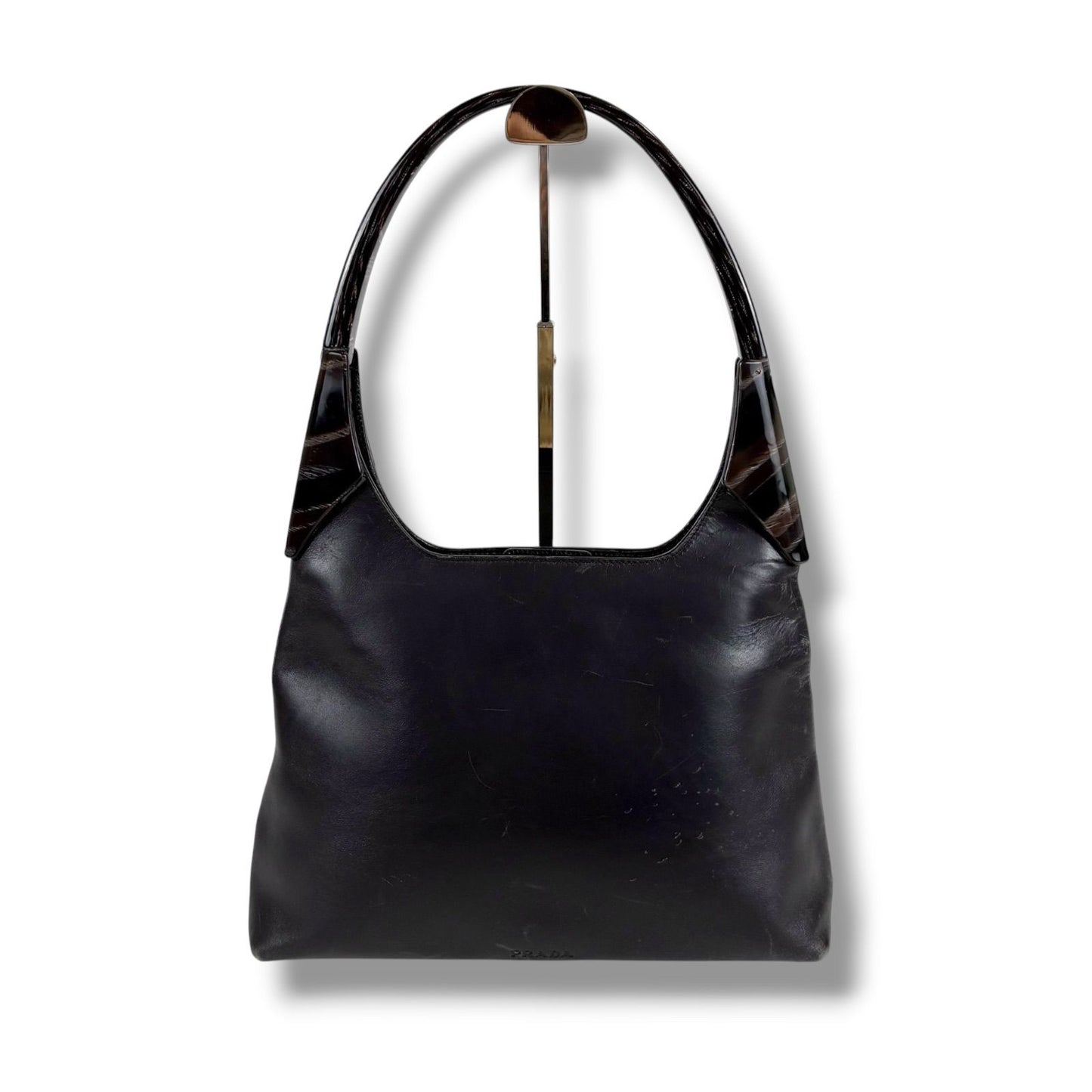 Prada Plastic Handle Shoulder Bag Hobo Tortoiseshell Black Leather
