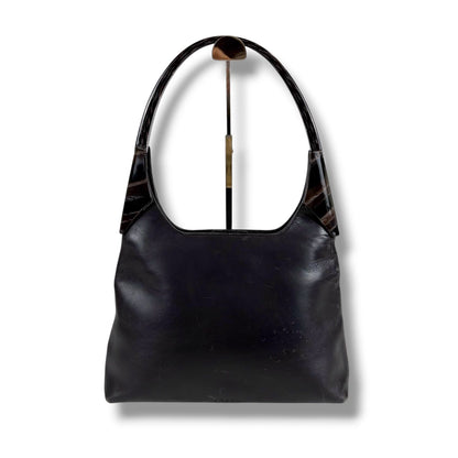 Prada Plastic Handle Shoulder Bag Hobo Tortoiseshell Black Leather