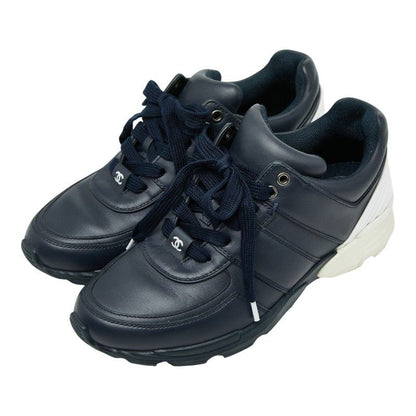 Chanel CC Logo Sneakers 37.5 Navy White Leather