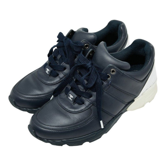 Chanel CC Logo Sneakers 37.5 Navy White Leather