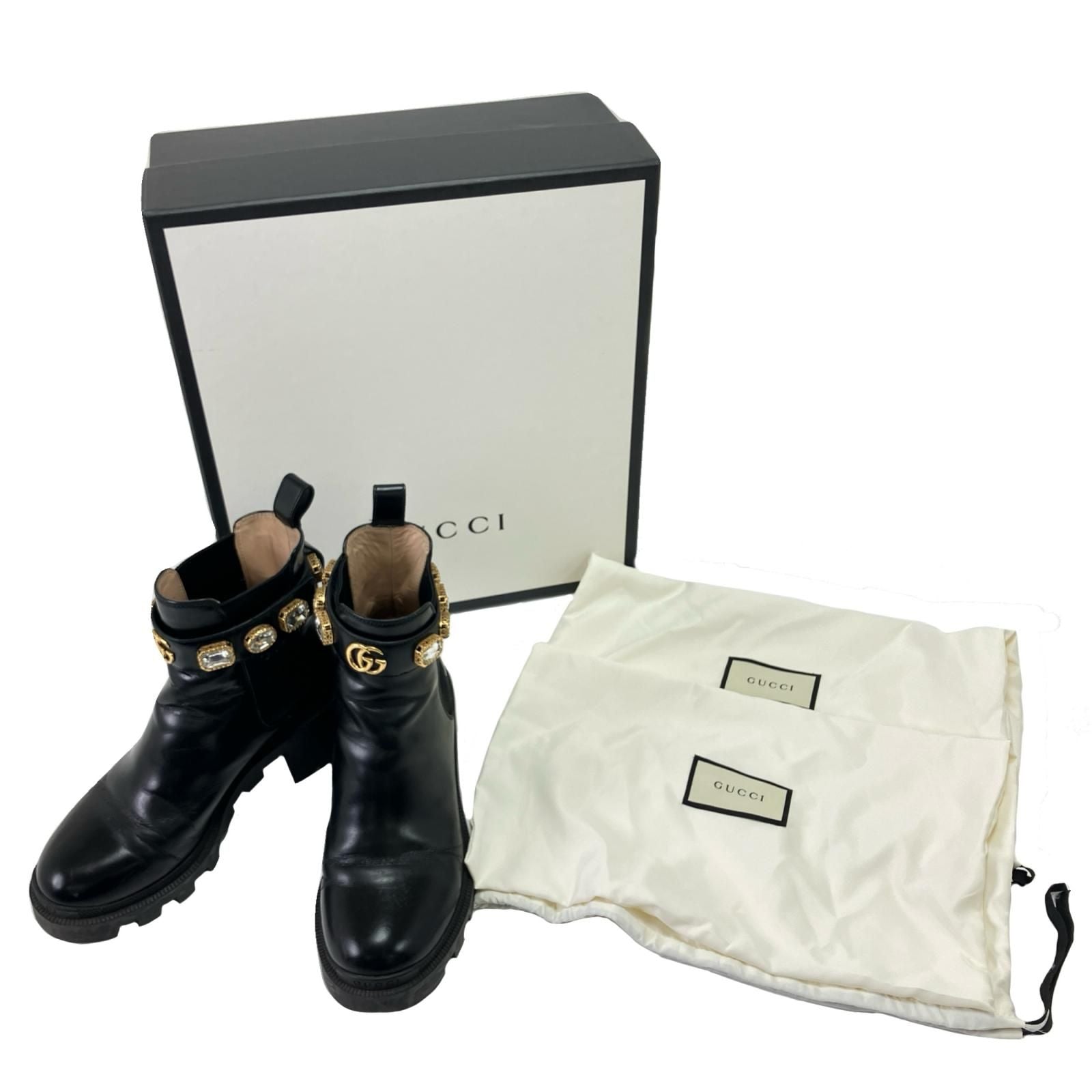 Gucci Side Gore Boots Leather with Crystal Belt 36 Black