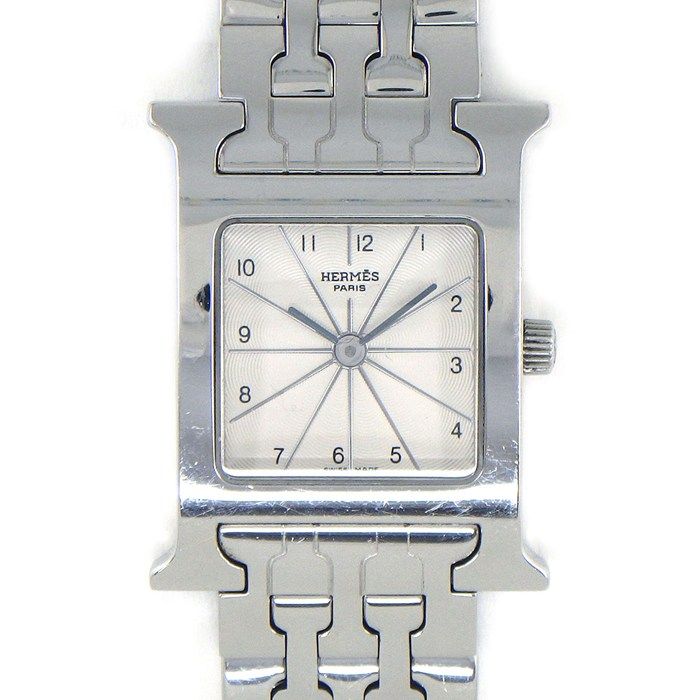 Hermes Watch Square White Guilloche Dial SS Quartz Analog Box and Paper