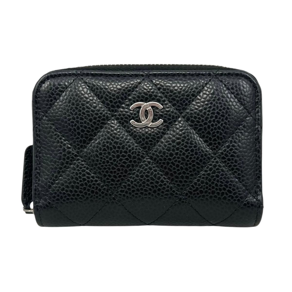 Chanel Card Case Coin Classic Zip Purse Quilted Caviar Leather CC Logo Black