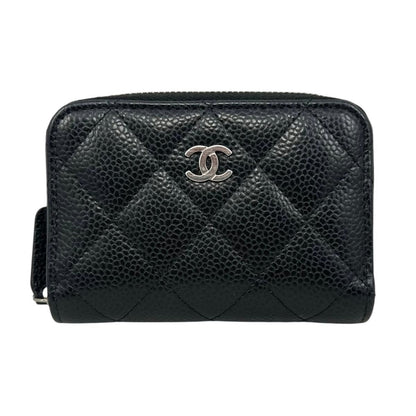 Chanel Card Case Coin Classic Zip Purse Quilted Caviar Leather CC Logo Black