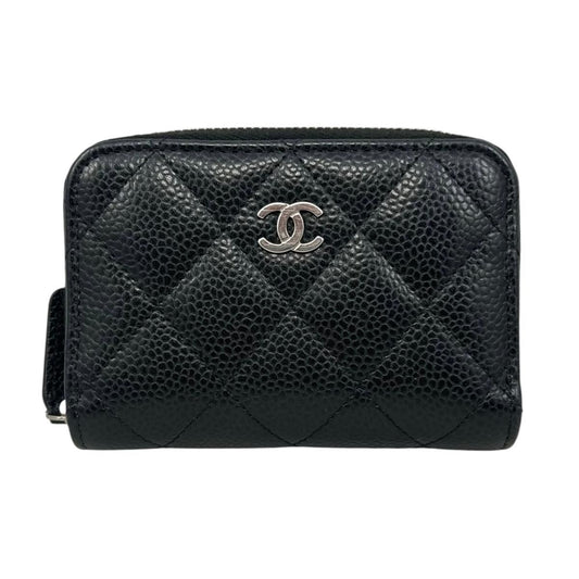 Chanel Card Case Coin Classic Zip Purse Quilted Caviar Leather CC Logo Black
