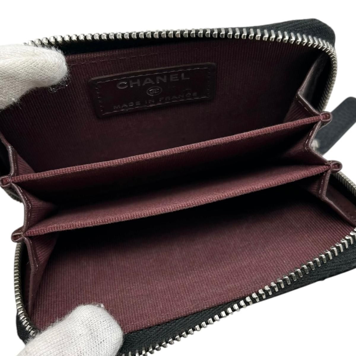 Chanel Card Case Coin Classic Zip Purse Quilted Caviar Leather CC Logo Black — view 7