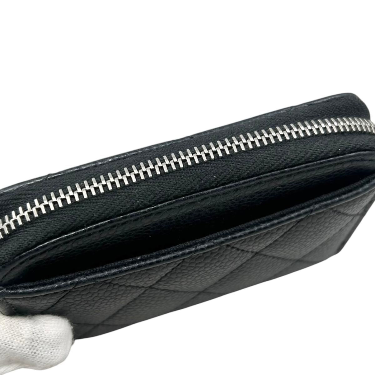 Chanel Card Case Coin Classic Zip Purse Quilted Caviar Leather CC Logo Black — view 6