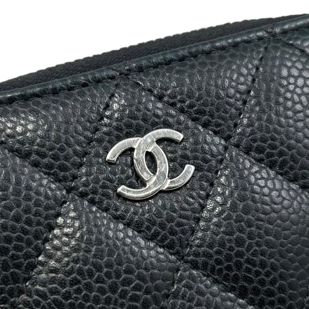 Chanel Card Case Coin Classic Zip Purse Quilted Caviar Leather CC Logo Black — view 5