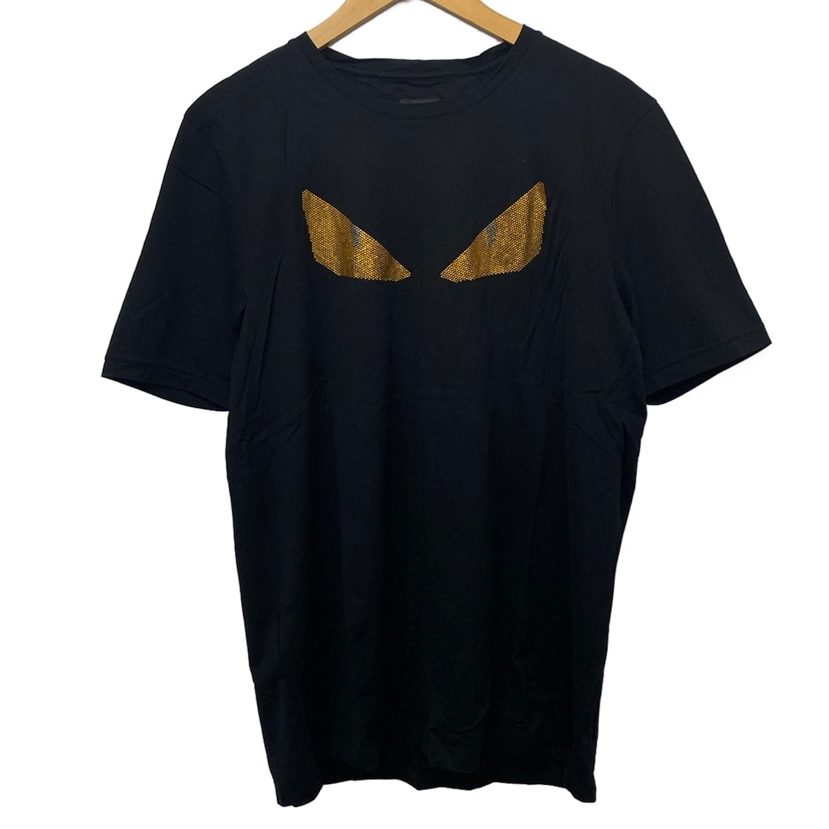 Fendi Short Sleeve T-Shirt IT 54 Black Gold Silver Crew Neck Line Stone Bag Bugs