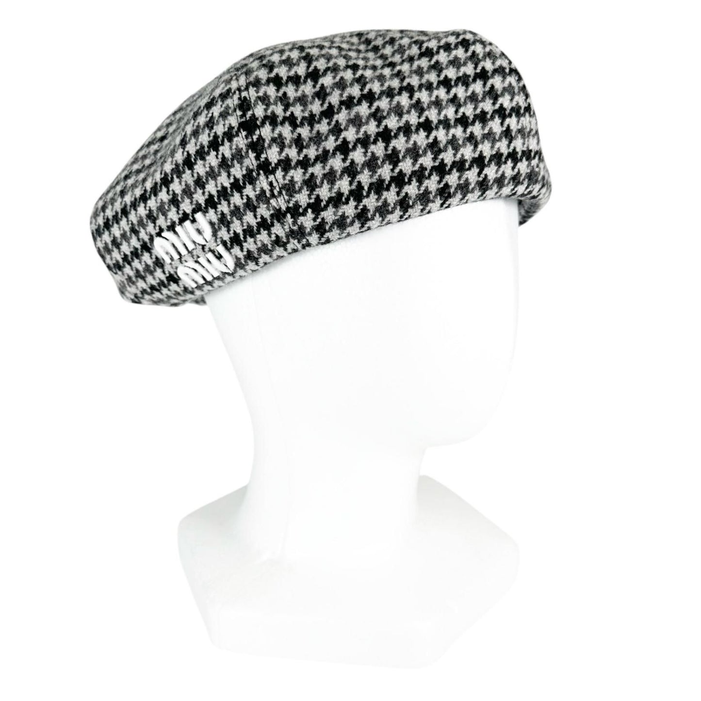 Miu Miu Wool Houndstooth Logo Embroidery Beret Gray Hat