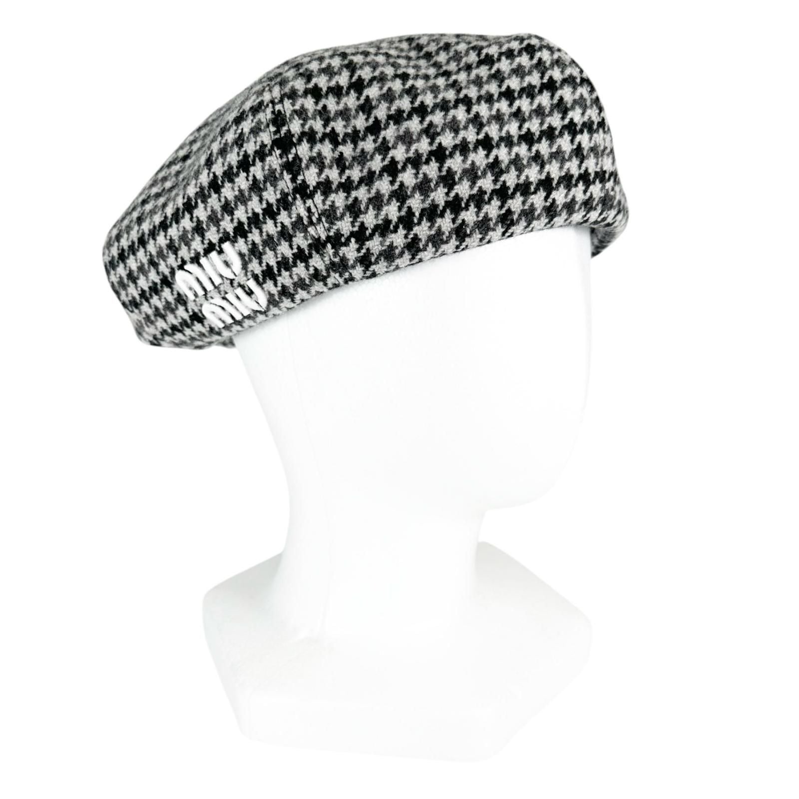 Miu Miu Wool Houndstooth Logo Embroidery Beret Gray Hat