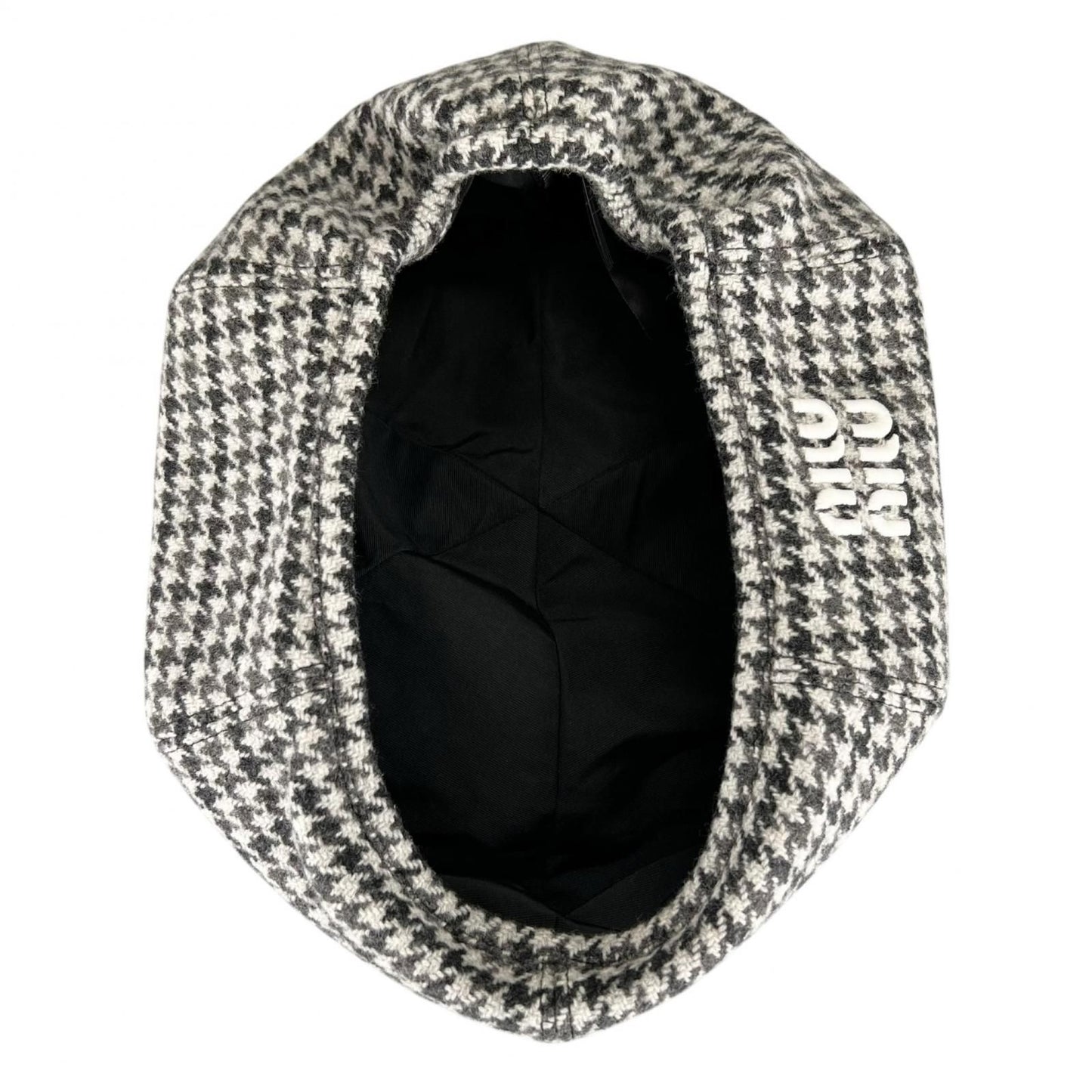 Miu Miu Wool Houndstooth Logo Embroidery Beret Gray Hat — view 6