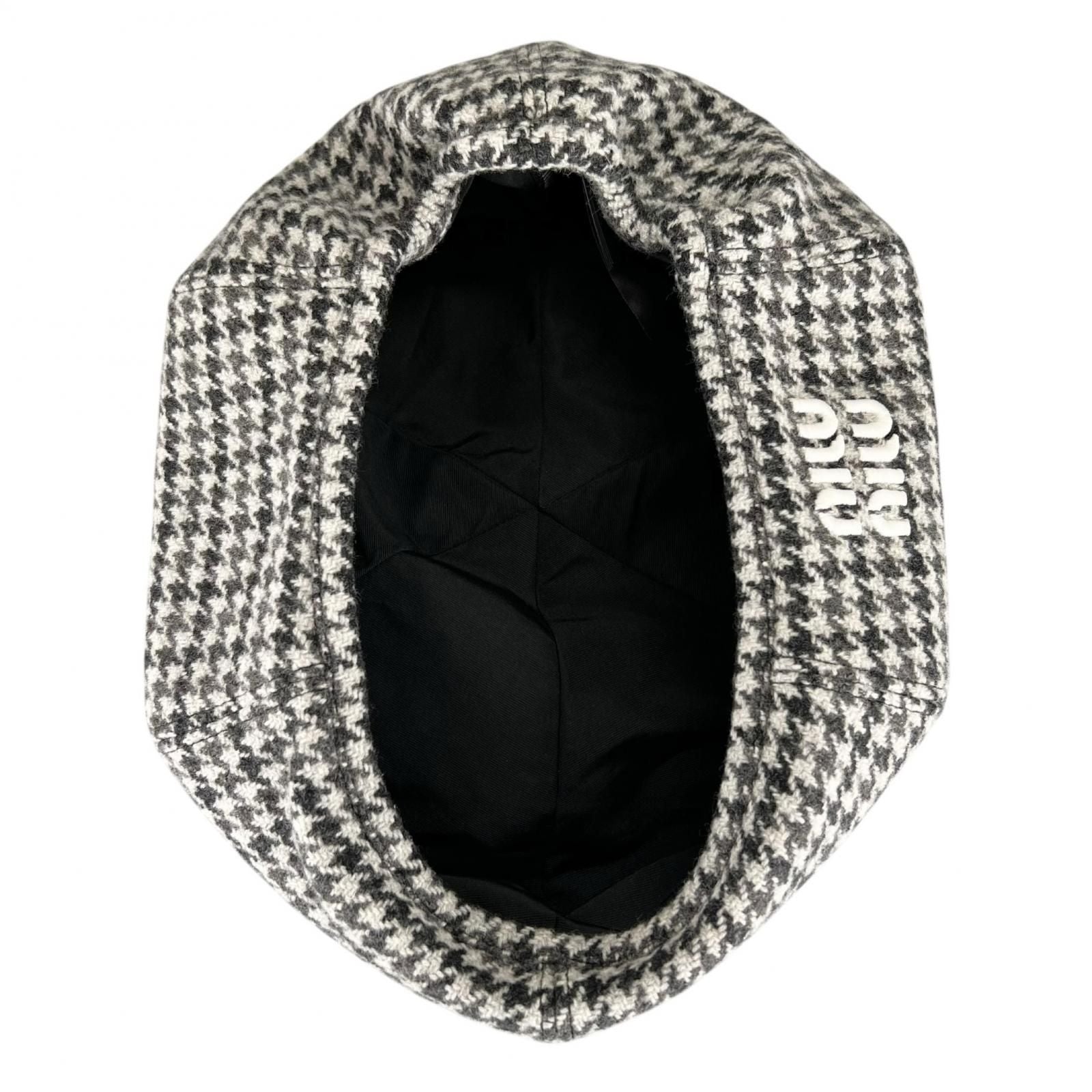 Miu Miu Wool Houndstooth Logo Embroidery Beret Gray Hat — view 6