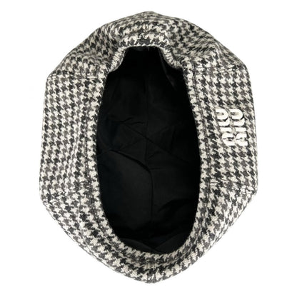 Miu Miu Wool Houndstooth Logo Embroidery Beret Gray Hat — view 6