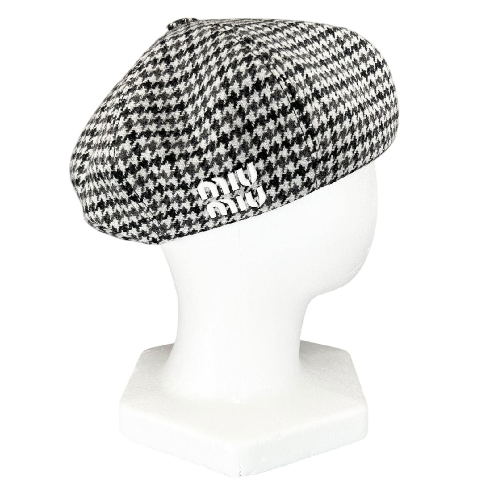 Miu Miu Wool Houndstooth Logo Embroidery Beret Gray Hat — view 5
