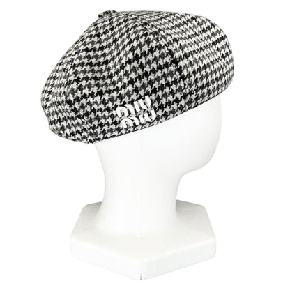 Miu Miu Wool Houndstooth Logo Embroidery Beret Gray Hat — view 5