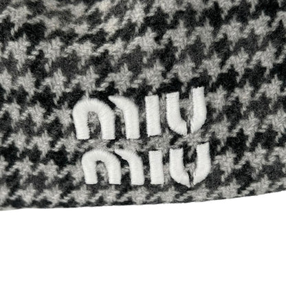 Miu Miu Wool Houndstooth Logo Embroidery Beret Gray Hat — view 7