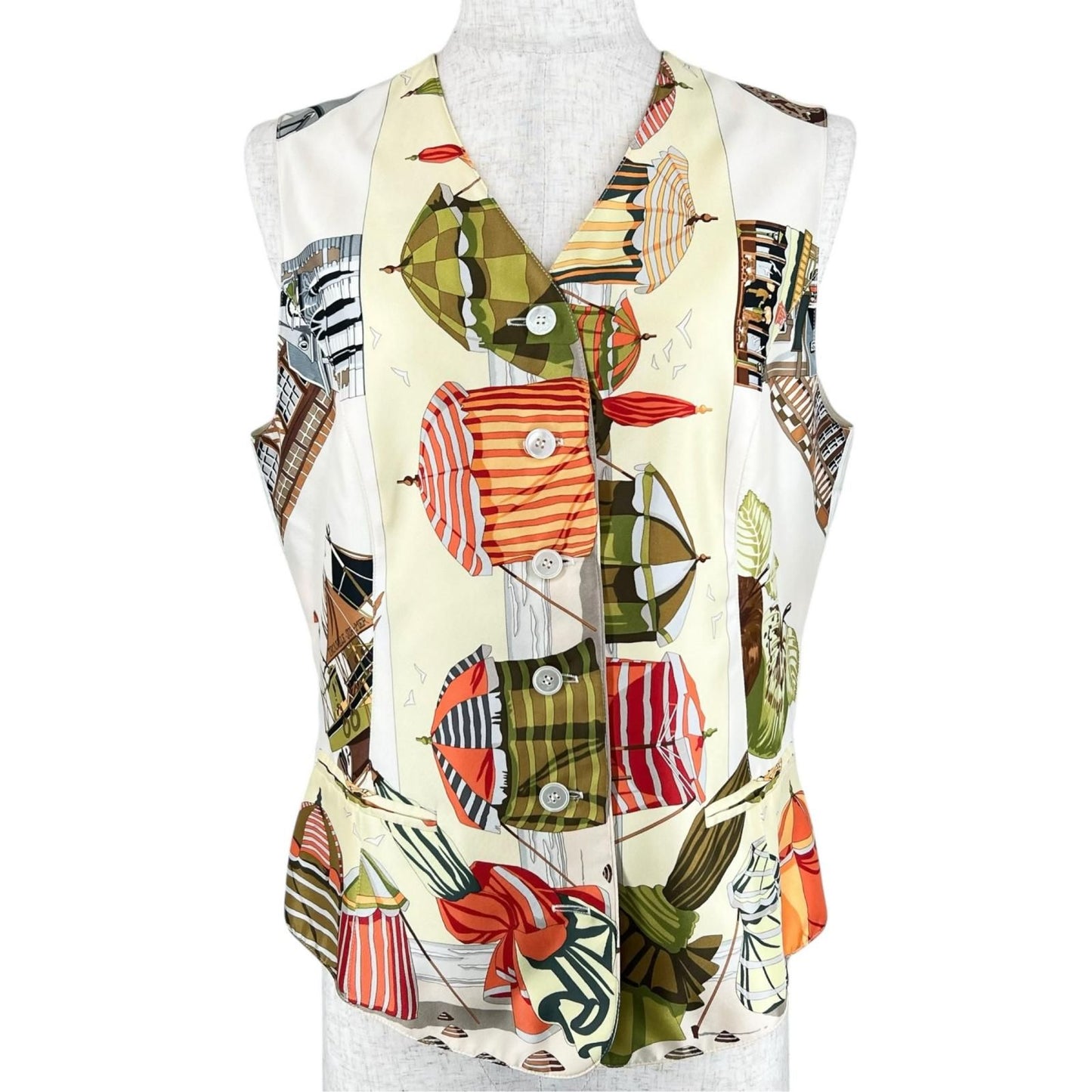 Hermes Vintage Martin Margiela Era Normandy Coast Charm Silk 100% Vest Multicolo