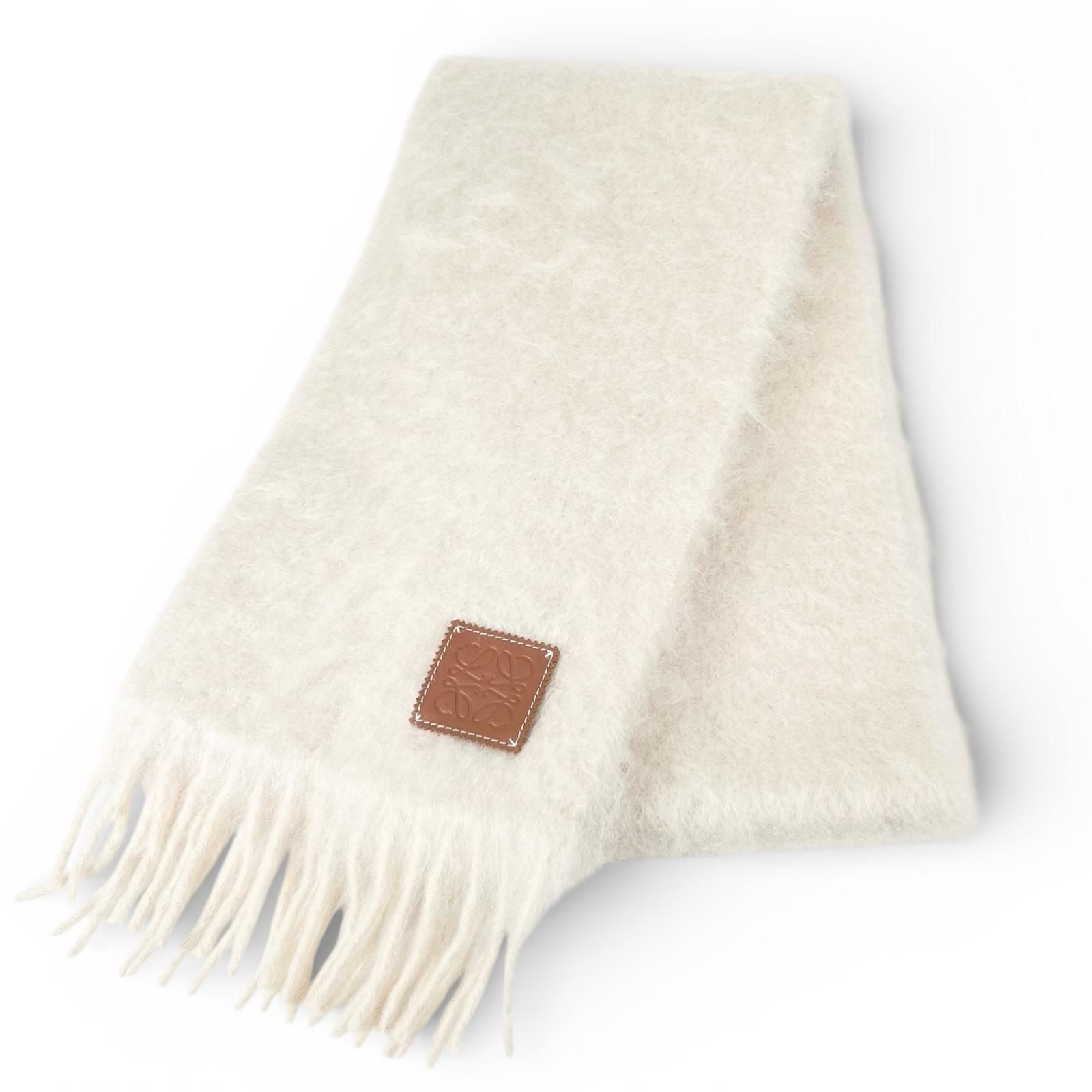 Loewe Mohair Wool Anagram Leather Patch Fringe Scarf Ivory