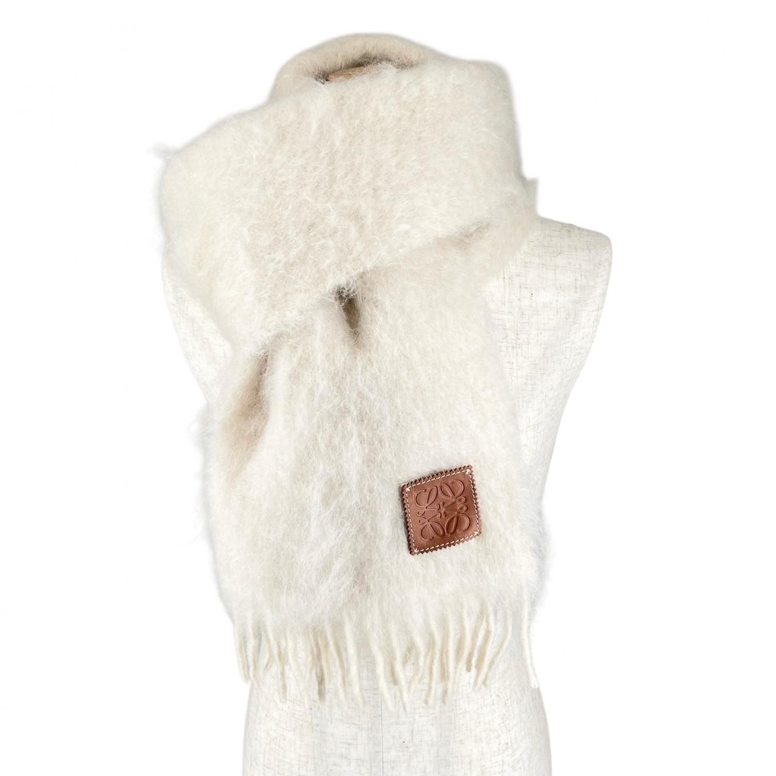 Loewe Mohair Wool Anagram Leather Patch Fringe Scarf Ivory — view 2