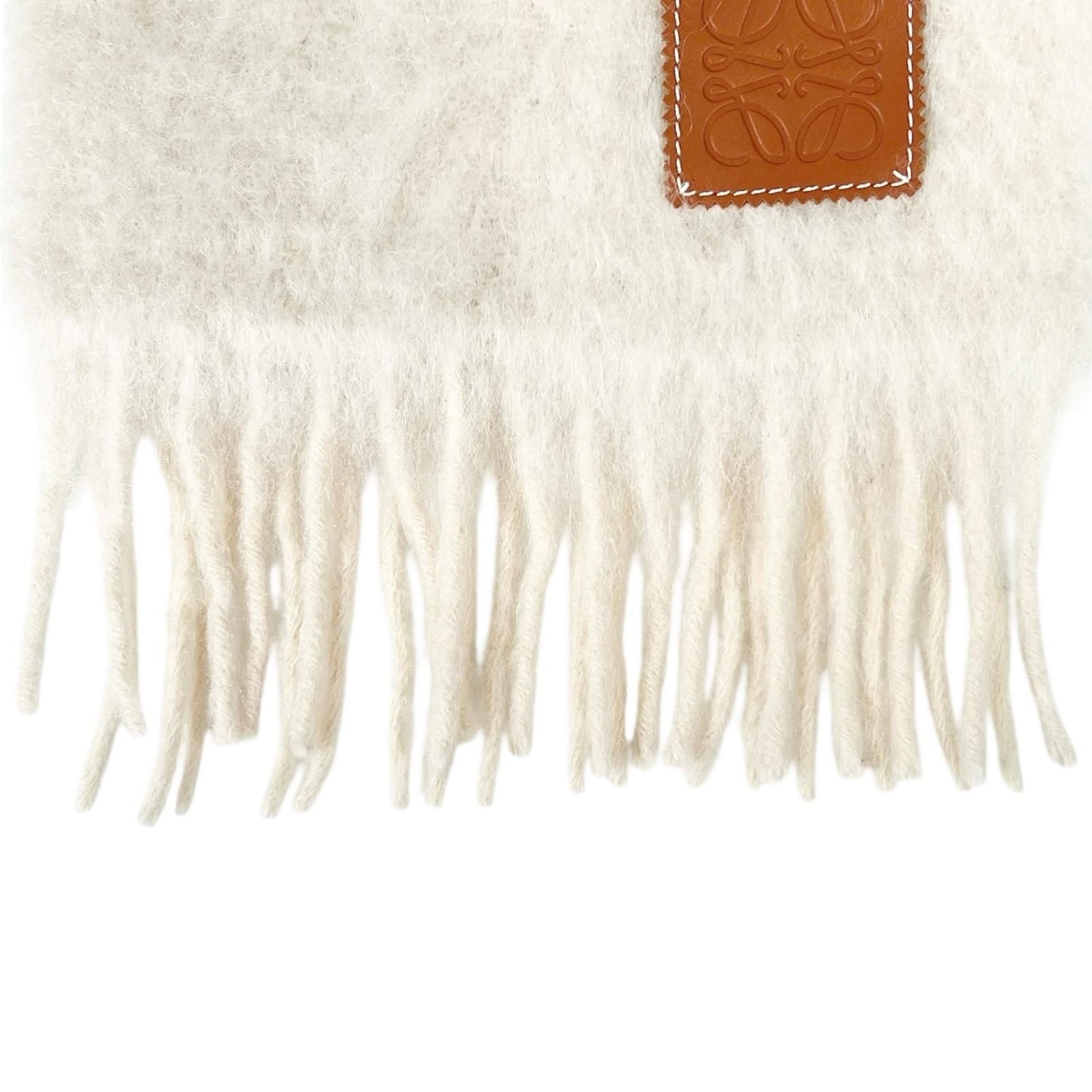 Loewe Mohair Wool Anagram Leather Patch Fringe Scarf Ivory — view 4