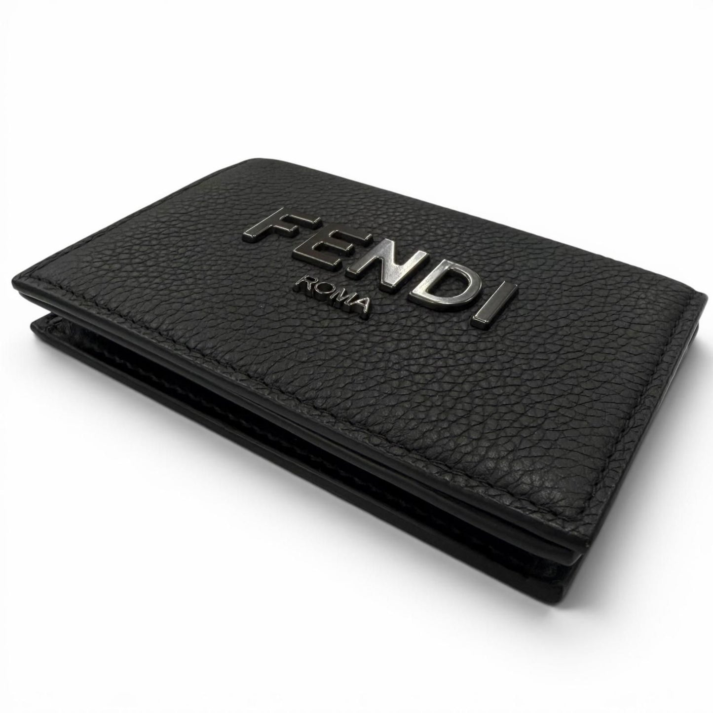 Fendi Leather Logo Bifold Business Card Holder Case Black Gunmetallic Recommende — view 3