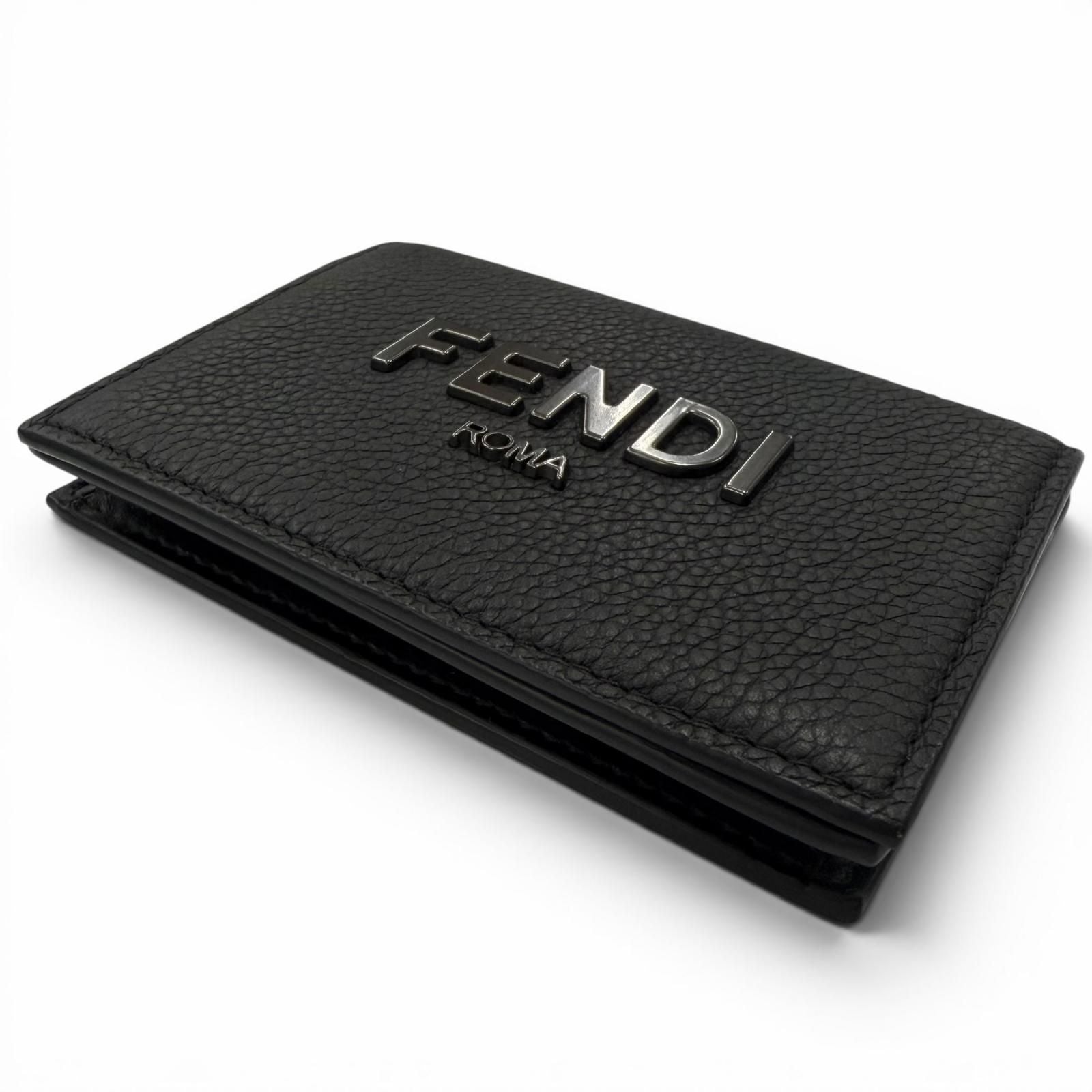 Fendi Leather Logo Bifold Business Card Holder Case Black Gunmetallic Recommende — view 3