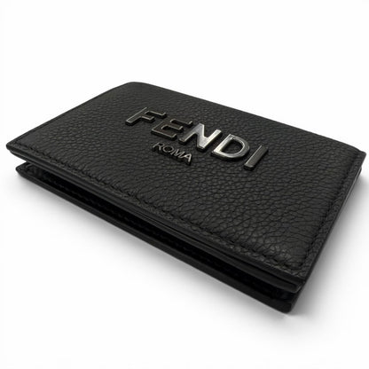 Fendi Leather Logo Bifold Business Card Holder Case Black Gunmetallic Recommende — view 3