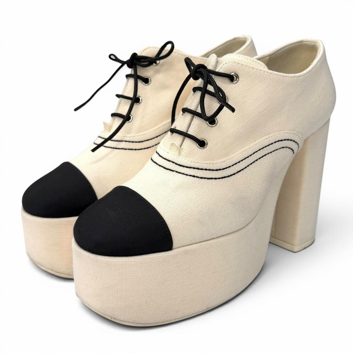 Chanel Line Stone CC Logo Lace Up Thick Sole Booties Up Shoes Beige Black