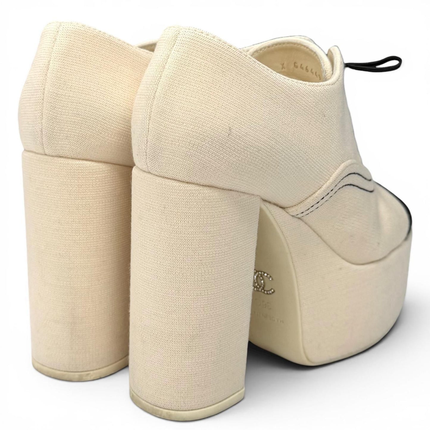 Chanel Line Stone CC Logo Lace Up Thick Sole Booties Up Shoes Beige Black — view 2