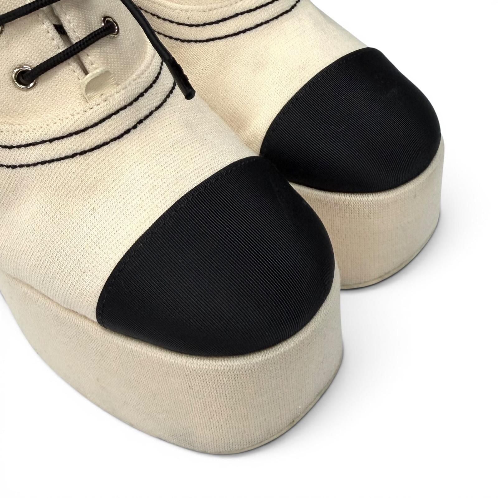 Chanel Line Stone CC Logo Lace Up Thick Sole Booties Up Shoes Beige Black — view 7