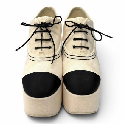 Chanel Line Stone CC Logo Lace Up Thick Sole Booties Up Shoes Beige Black — view 3