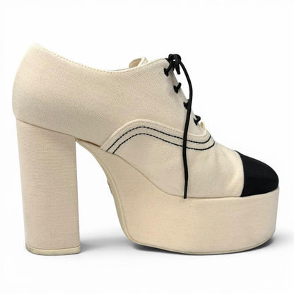 Chanel Line Stone CC Logo Lace Up Thick Sole Booties Up Shoes Beige Black — view 5